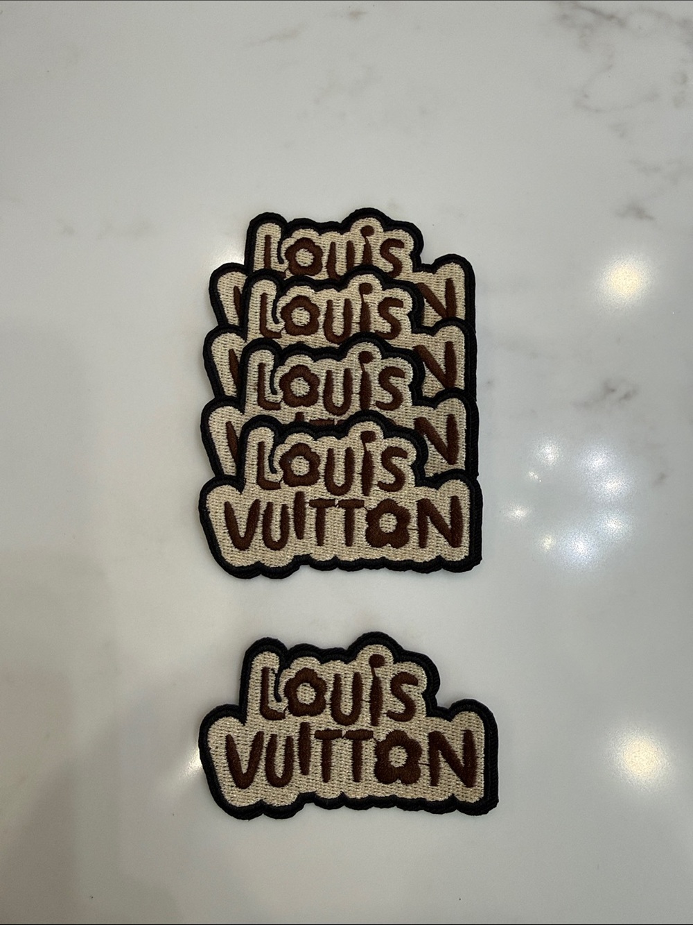 Hand Crafted Beige, Brown & Black Iron On Logo Patches